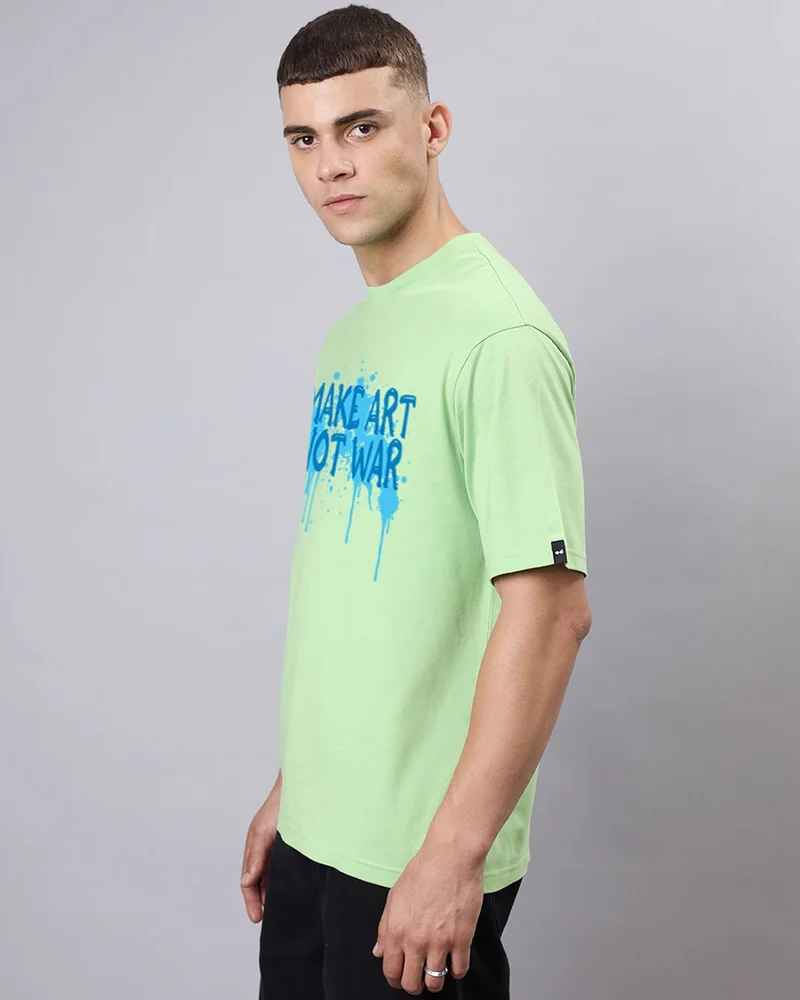 bewakoof Men's Jade Lime Green Make Art Not War Graphic Printed Oversized T-shirt
